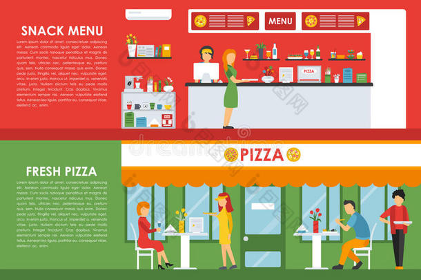 新鲜比萨饼和小吃菜单平面概念网页矢量插图。 送货和比萨饼店<strong>餐厅</strong>内部<strong>介绍</strong>。