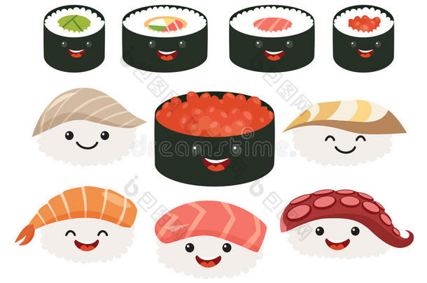 卡通日本食品。 矢量集寿司卡通人物。 微笑寿司卷和生鱼片套装