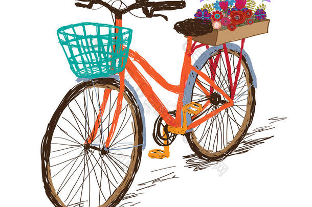 手绘老式自行车与花在后篮