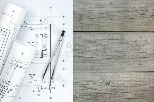 建筑师工作空间与平面图和绘制<strong>指南针</strong>的<strong>灰色</strong>