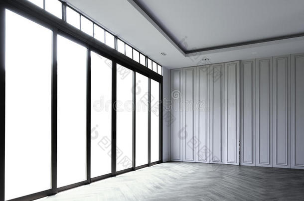 空房间，白色墙壁和玻璃滑动门框，美丽