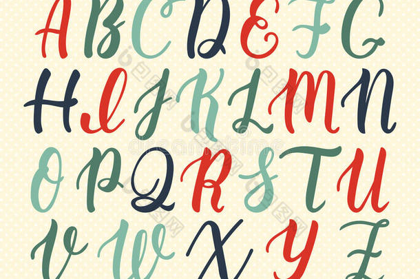 手绘拉丁<strong>书法毛笔</strong>脚本的大写字母的复古颜色。 书法字母表。 矢量