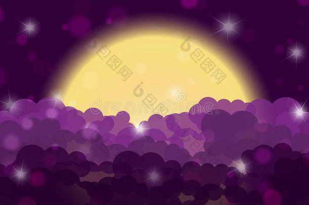 卡通紫色的夜晚，闪耀着月亮的多云天空