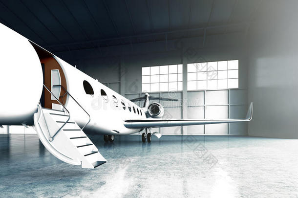 特写照片白色哑光豪华通用设计私人喷气式飞机停车场在机库机场。 混凝土地板。 生意