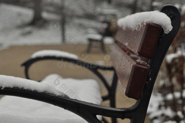 公园里的长凳。 雪躺在座位上。 冬天。 在外面走来走去