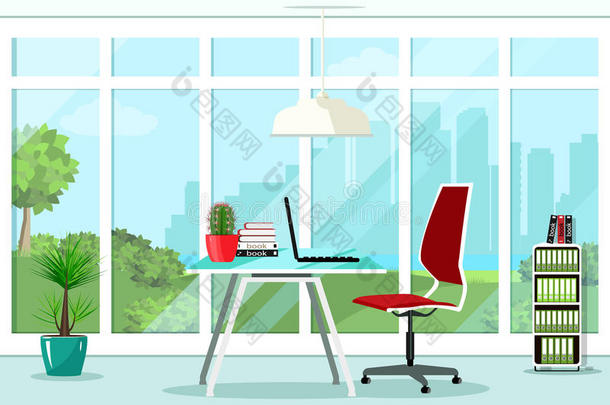 酷的平面办公室室内设计与伟大的窗口和家具：椅子，桌子，书柜，灯。