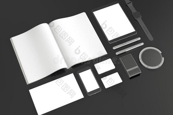 灰色品牌模型。 模板设置在黑色背景上。 三维渲染。 三维插图