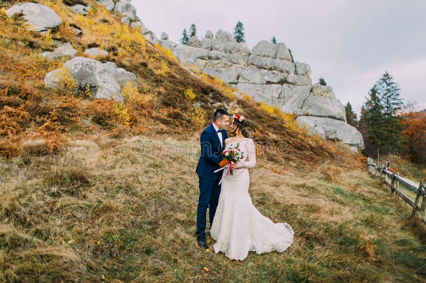 美丽的新婚夫妇在田园牧歌般的田园景观与岩石和栅栏作为背面
