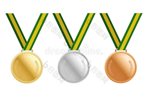 金，银和<strong>铜牌</strong>在绿色丝带上有闪亮的金属表面。