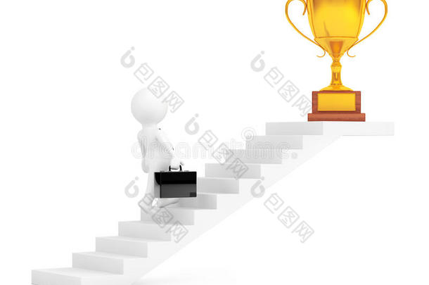 商人走上楼梯去奖杯赢得了价格。 三维渲染