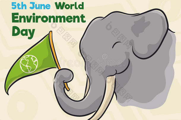 大象用旗纪念世界环境日的水彩风格，矢量插图