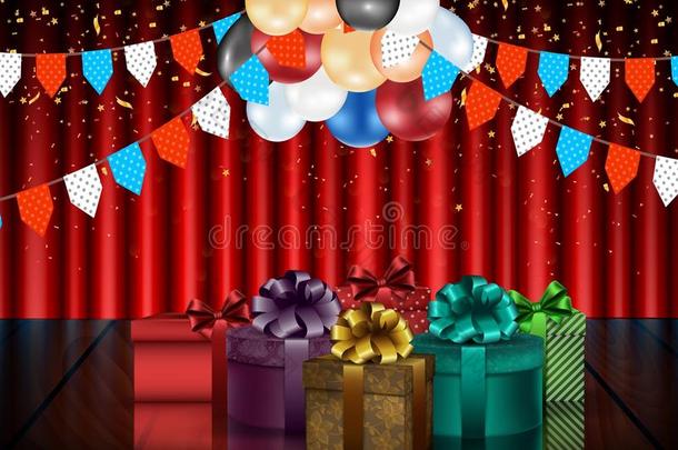 生日背景与彩色气球和礼品盒在窗帘背景