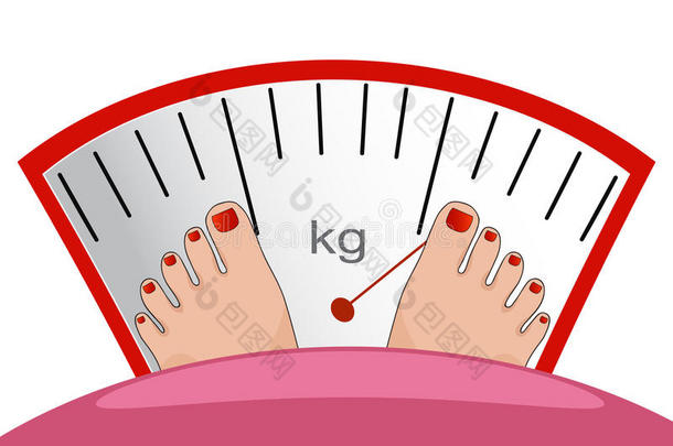 胖子或女人站在体重秤上，体重很重，矢量。 减肥的概念，健康的生活方式，饮食，适当的坚果
