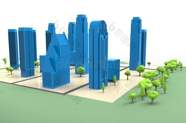 带有树木的简单城市的三维插图。