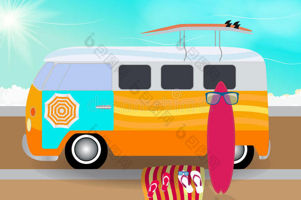 卡通<strong>面包车</strong>，冲浪板站在海边的路上。 vec