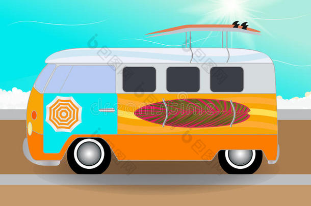 卡通<strong>面包车</strong>，冲浪板站在海边的路上。 vec