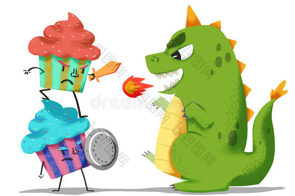 创意插图和创新艺术：冰淇淋<strong>守护者</strong>与恐龙怪物搏斗。