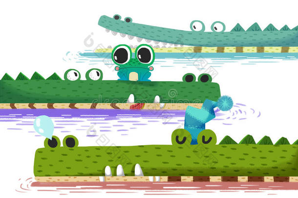 创意插图和创<strong>新</strong>艺术：鳄鱼船上的<strong>小青</strong>蛙。