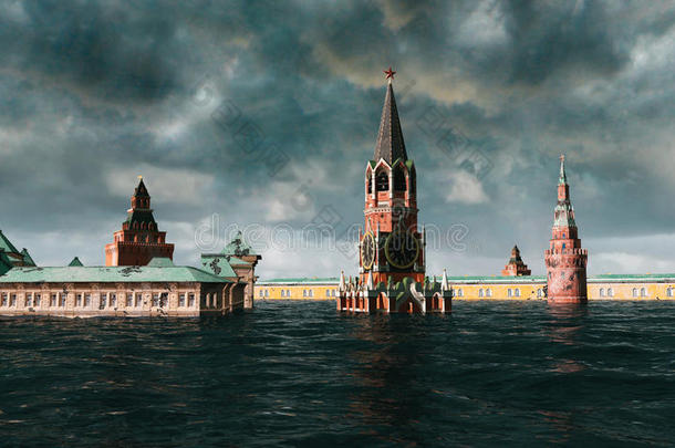 世界<strong>末日</strong>水景。城市洪水，俄罗斯红场。暴风雨。三维渲染