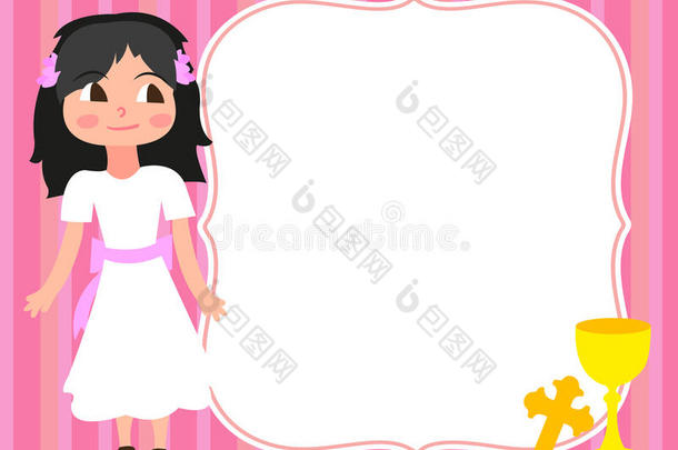 第一圣餐卡<strong>模板</strong>小女孩白色连衣裙，<strong>邀请函</strong>，杯子，十字架，矢量，文字空间，背景