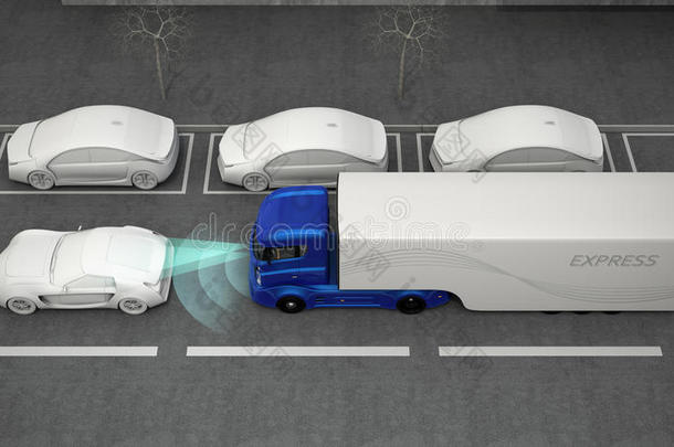 蓝色卡车被自动制动系统停了下来