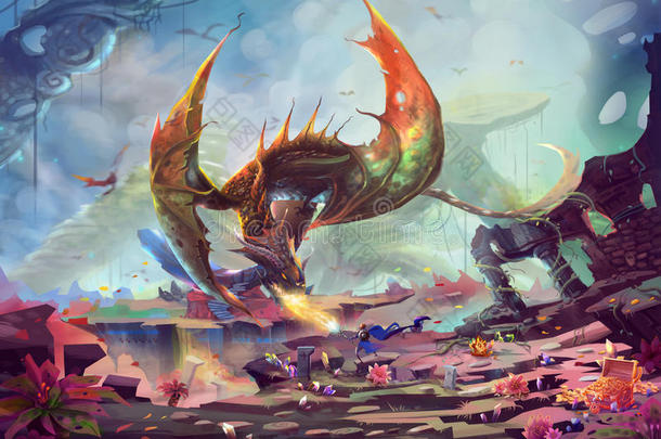 创意插图和创新艺术：骑士与龙在宝地战斗。