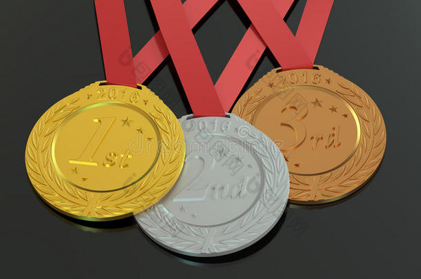 金，银和铜牌2016，三维渲染
