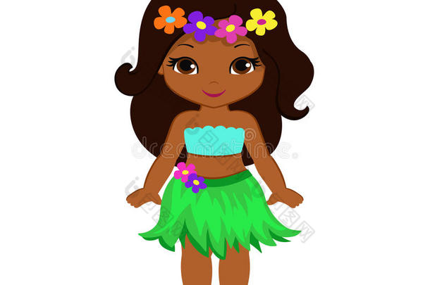 可爱的卡通女孩穿着传统的夏威夷舞蹈服装。