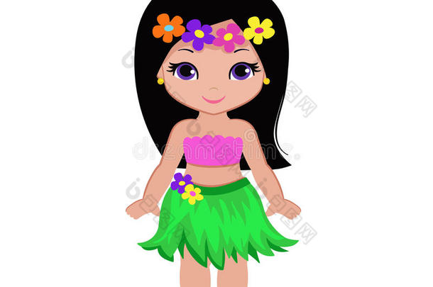 可爱的卡通女孩穿着传统的夏威夷舞蹈服装。