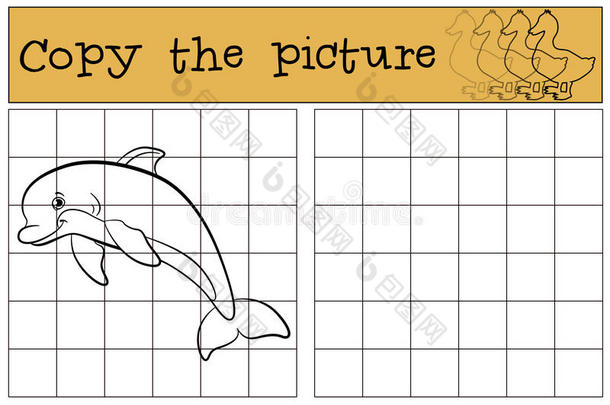 儿童游戏：复制图片。可爱的海豚跳。