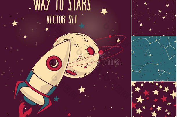 可爱的卡片与涂鸦火箭，行星和星空无缝背景