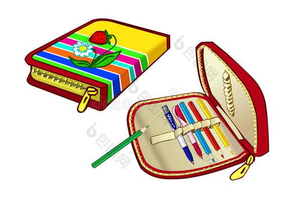 孩子们上学用的铅笔盒。方便的钢笔和彩色铅笔袋。
