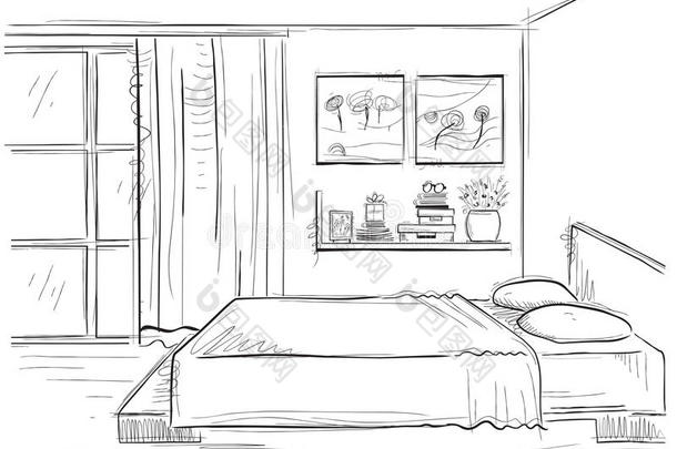 卧室内部。 矢量手绘现代家居插图