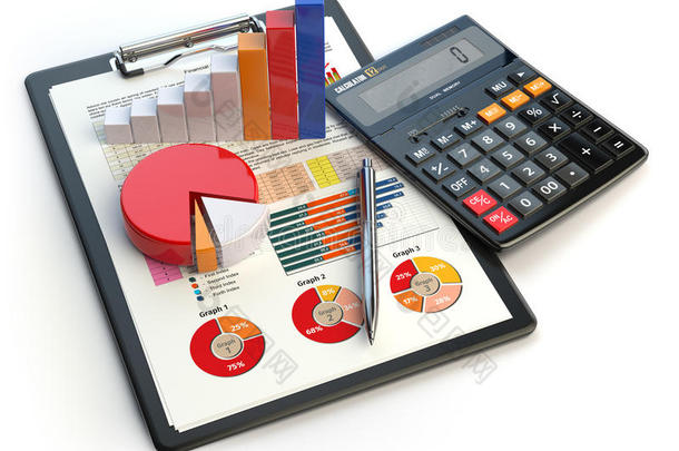 商业<strong>财务</strong>图表在剪贴板和计算器上隔离在白色。 会计，税<strong>务财务</strong>报告概念。