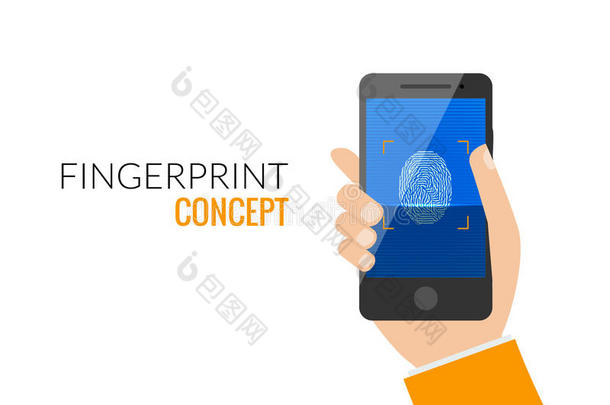 手指打印智能手机访问锁，商务人员触摸屏指纹手扫描安全平面矢量插图