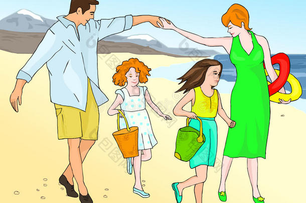 家庭假期在海上。 父亲、母亲和女儿去海滩。