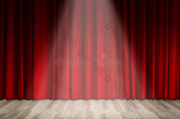 背景。舞台灯光。红色窗帘和木地板内部背景。
