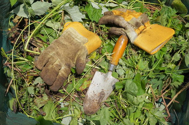 脏的园艺手套和铲子放在绿色的垃圾袋里
