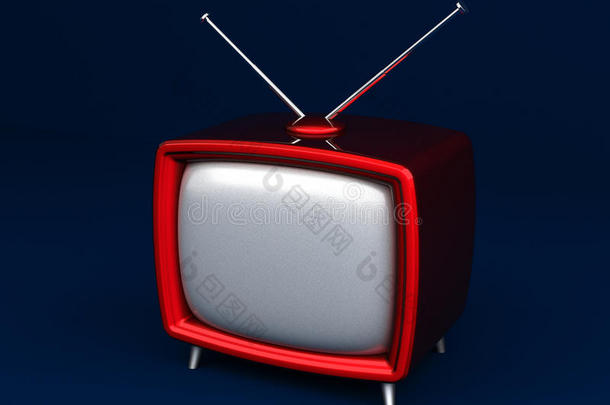 黑色背景下旧式红色电视的三维插图