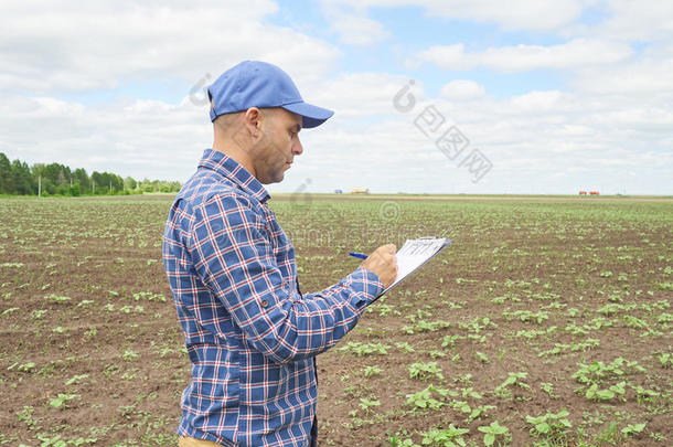 穿着格子衬衫的农民控制着他的田地和写笔记
