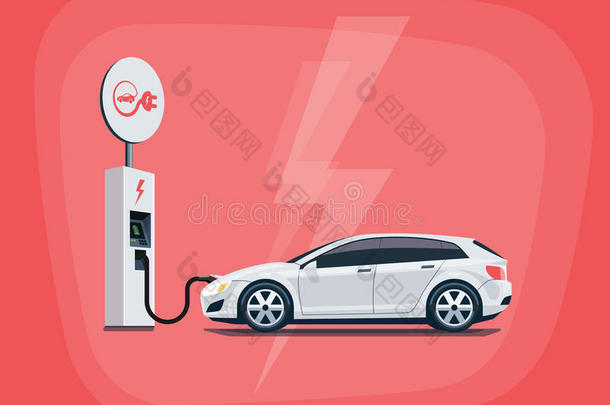 红色背景下充电站的电动汽车充电