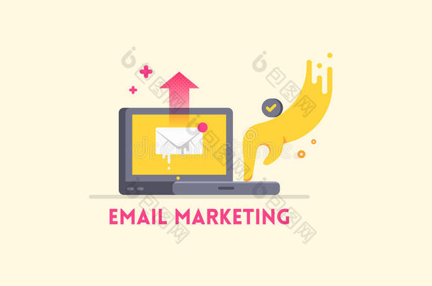 电子邮件营销图标概念。 手提电脑，手送一封信。