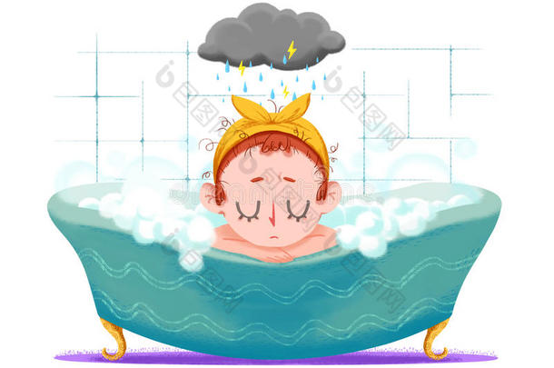 创意插图和创新艺术：<strong>小女孩</strong>正在浴缸里<strong>洗澡</strong>。