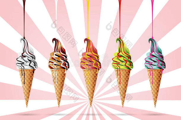 五颜六色的冰淇淋，不同的糖浆，巧克力，矢量