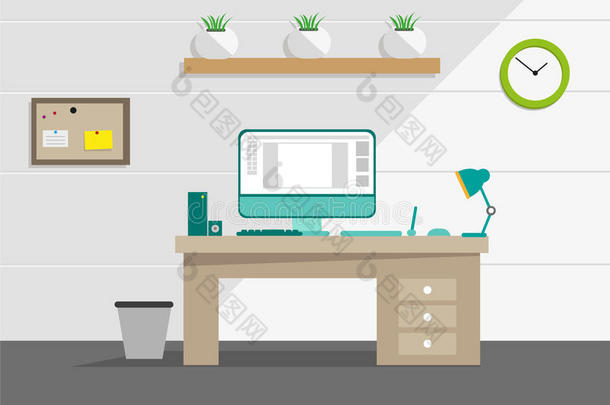 用电脑和家用工具清洁内部办公室概念。 可编辑剪贴画。