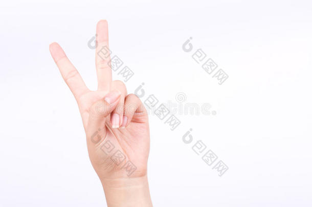 手指手符号概念<strong>两点</strong>课学习教学和胜利标志在白色背景上