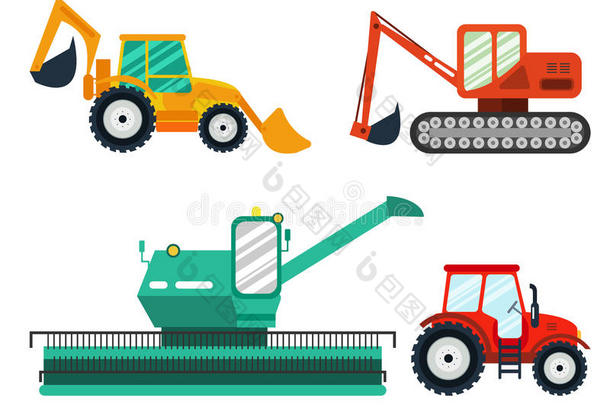 挖掘机，拖拉机，白色背景上的组合。 <strong>农用</strong>车，<strong>农用</strong>机械。