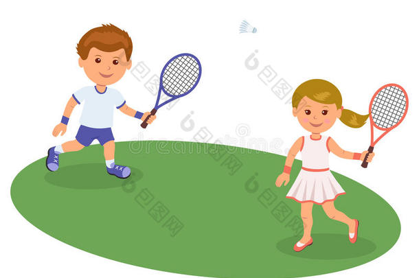 男孩和女孩在草坪上打羽毛球。 孤立的矢量插图快乐的孩子打羽毛球。 体育生活方式