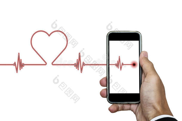 手握智能手机，心律EKG，心脏形状，隔离在白色背景上
