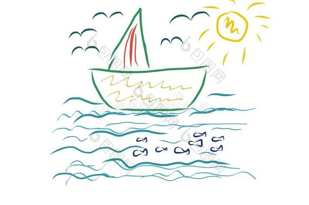 船在海上儿童艺术绘画